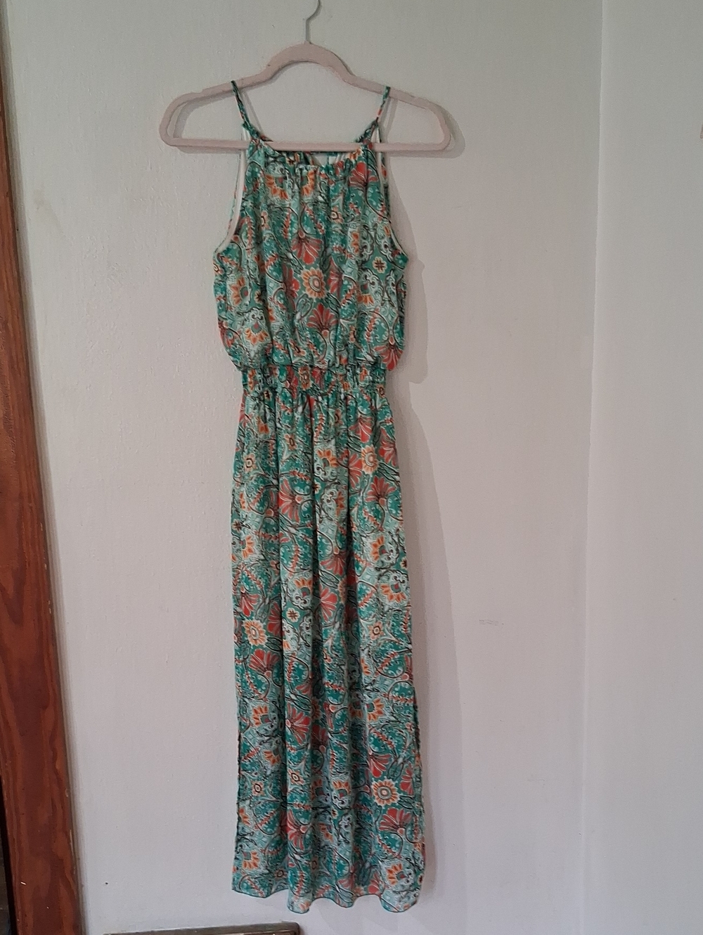 Enfocus Studio Teal Green Floral Maxi Dress with Orange Accents